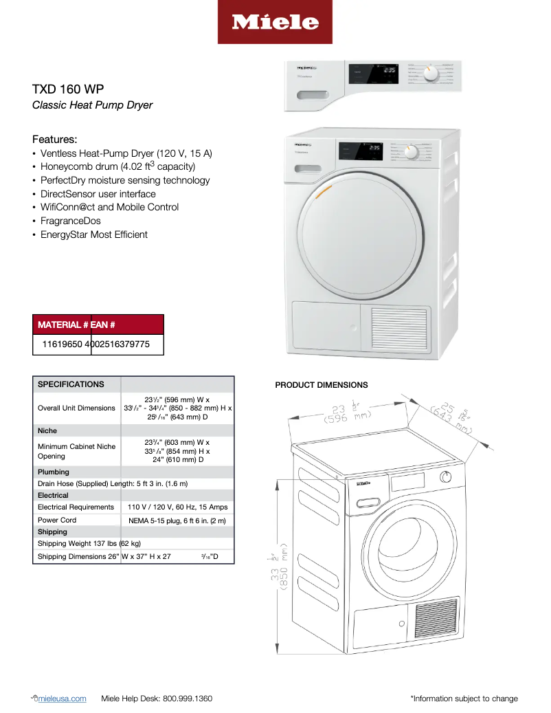 Page n°1 - Fiche technique Miele TXD 160 WP T1