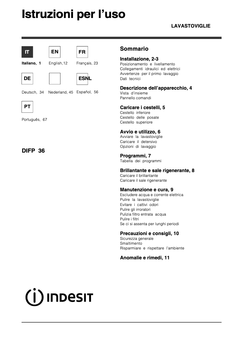 Page 1 de la notice Manuel utilisateur Indesit DIFP 36 A