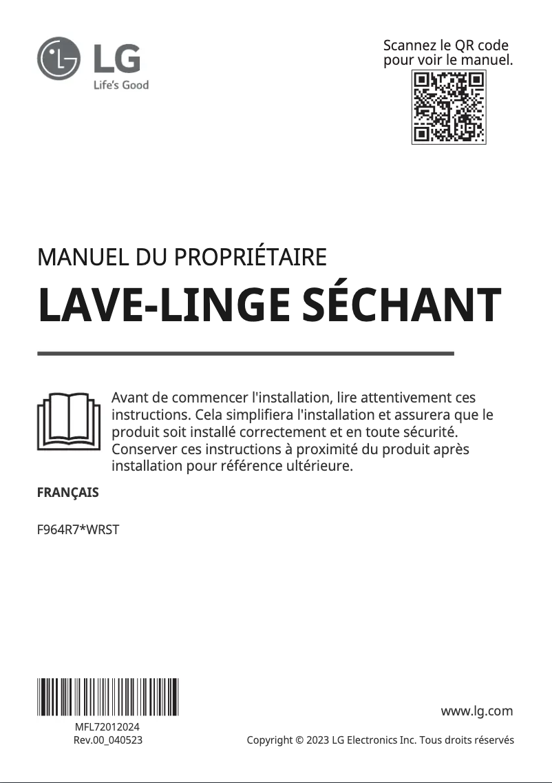 Page 1 de la notice Manuel utilisateur LG F964R76WRST