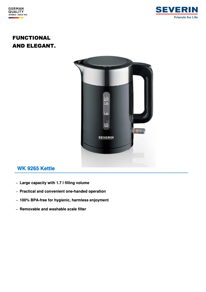 Page 1 de la notice Fiche technique Severin WK 9265