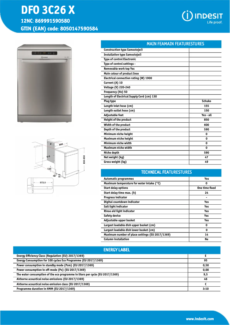 Page 1 de la notice Fiche technique Indesit DFO 3C26 X