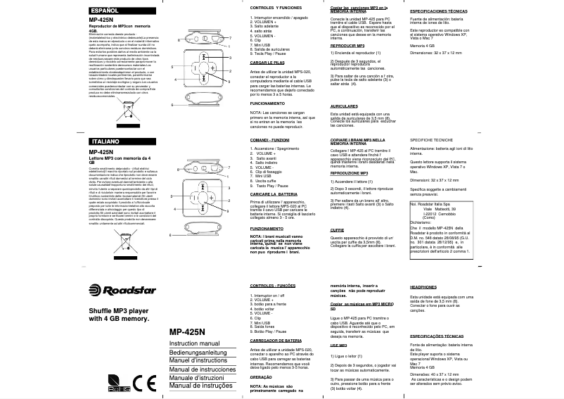 Page 1 de la notice Manuel utilisateur Roadstar MP-425N