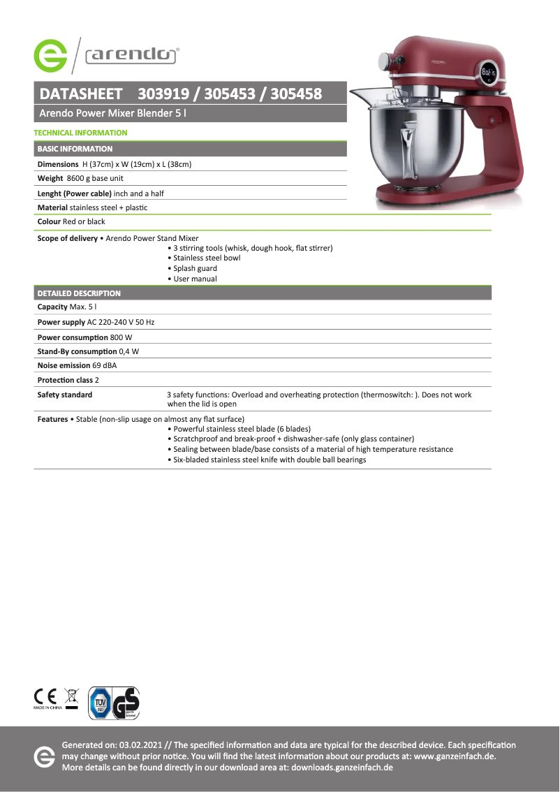 Page 1 de la notice Fiche technique Arendo 303919