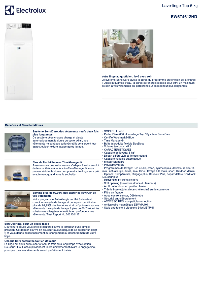 Page 1 de la notice Fiche technique Electrolux EW6T4612HD