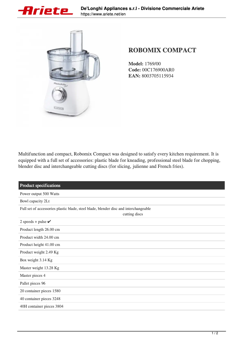 Page n°1 - Fiche technique Ariete RoboMix Compact 1769