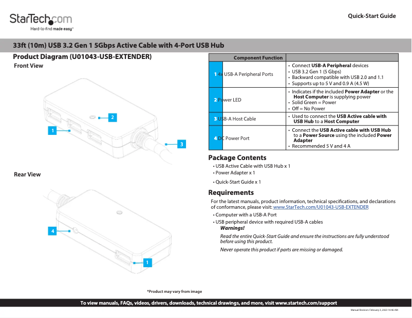 Page 1 de la notice Manuel utilisateur StarTech.com U01043-USB-EXTENDER