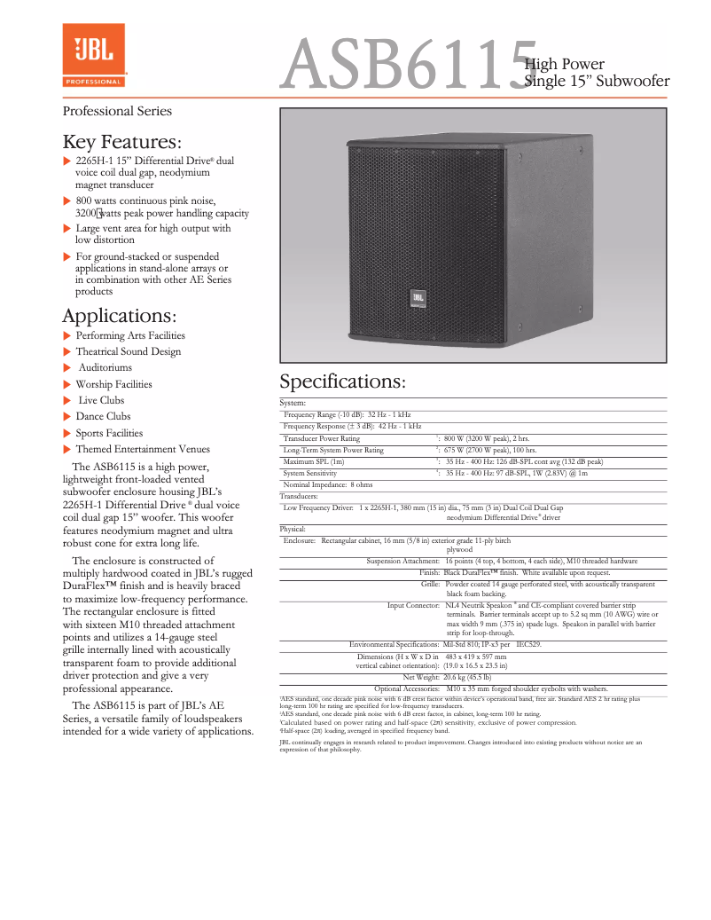 Page 1 de la notice Fiche technique JBL ASB6115
