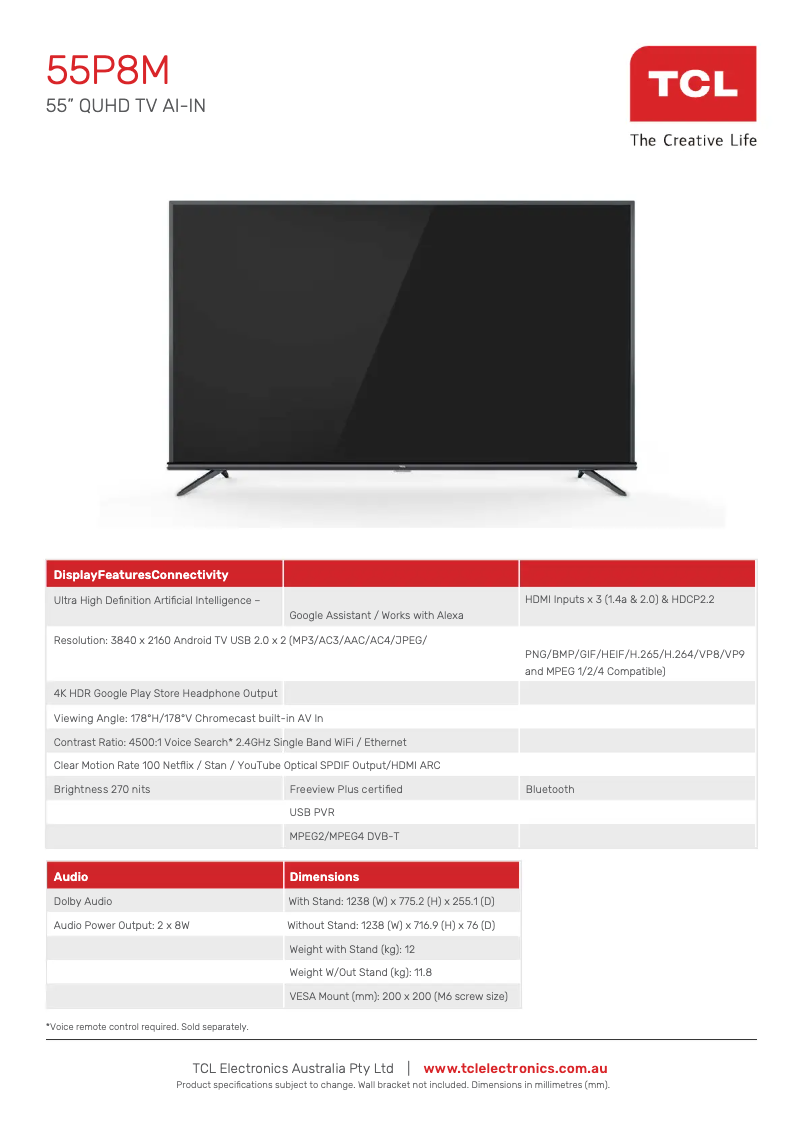Page 1 de la notice Fiche technique TCL 55P8M