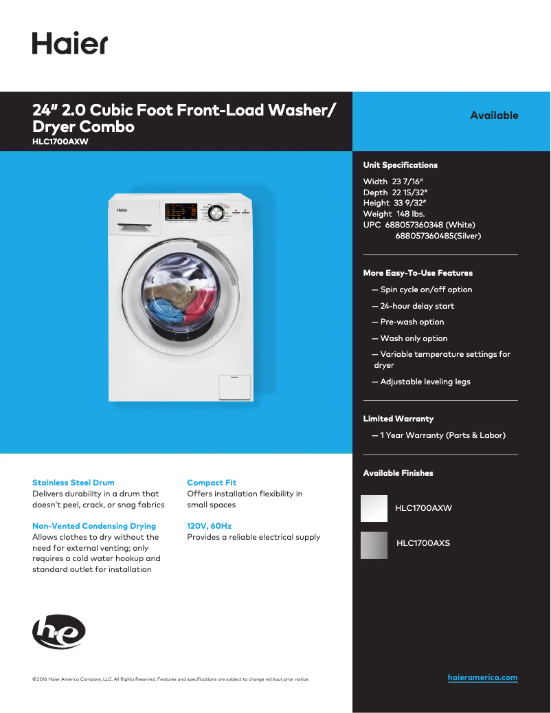 Page 1 de la notice Fiche technique Haier HLC1700AXW