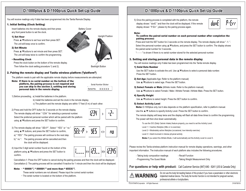 Page 1 de la notice Manuel utilisateur Tanita D-1000PLUS