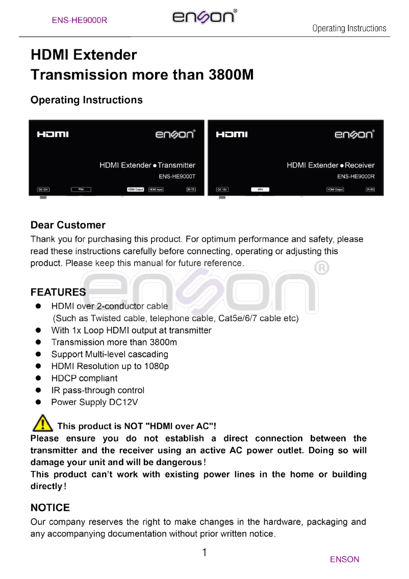 Page n°1 - Manuel utilisateur Enson ENS-HE9000R
