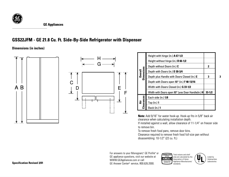 Page 1 of the manual Technical Sheet GE GSS22JFMCC