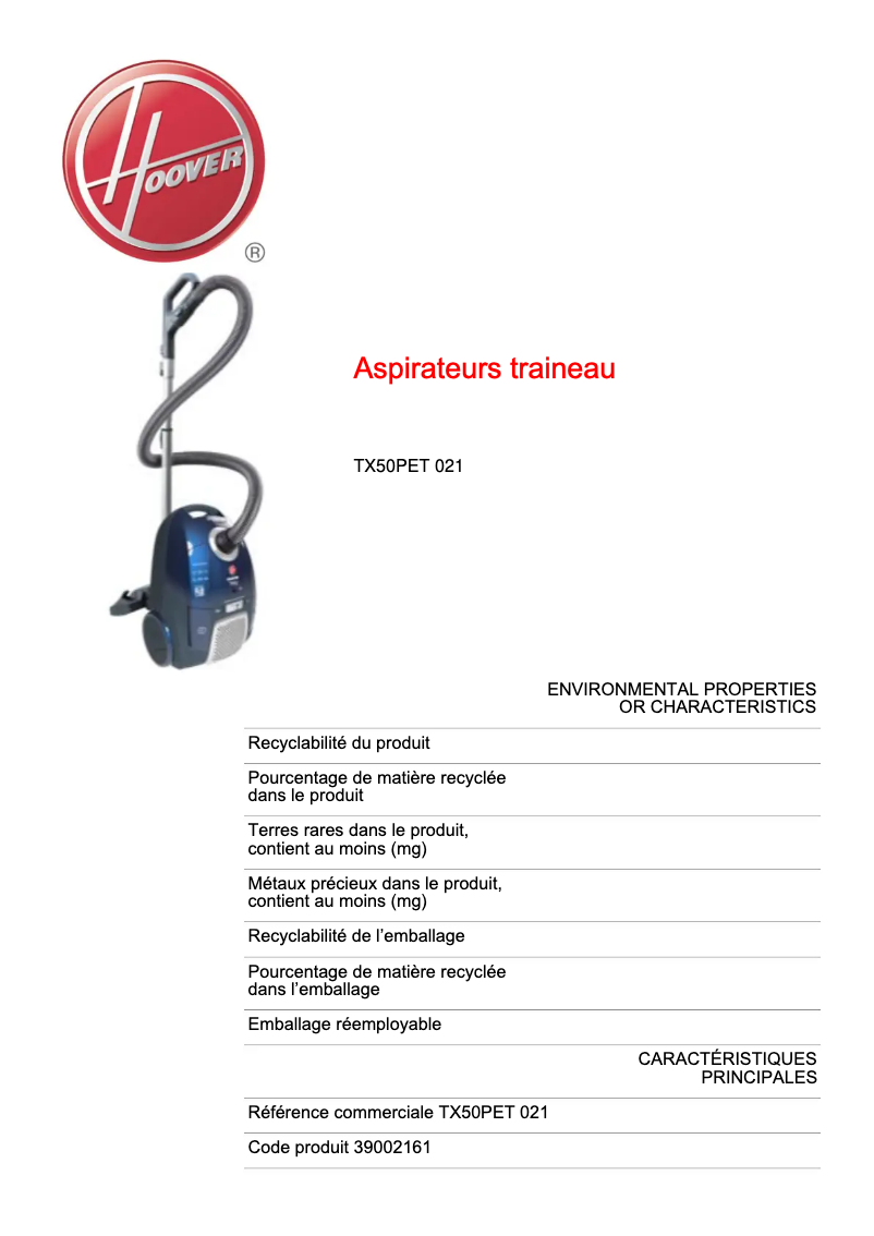 Page n°1 - Fiche technique Hoover Telios Extra TX50PET 021