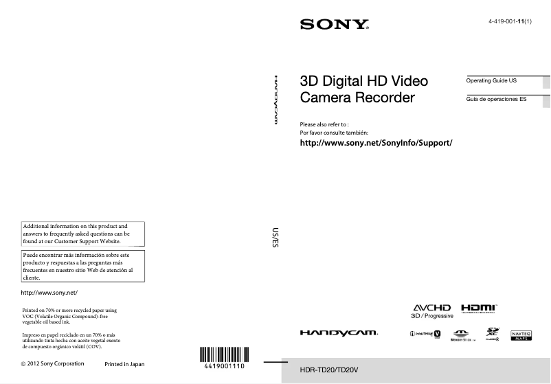 Page 1 de la notice Manuel utilisateur Sony HDR-TD20E