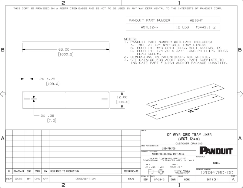 Page 1 de la notice Dessin technique Panduit WGTL12PG