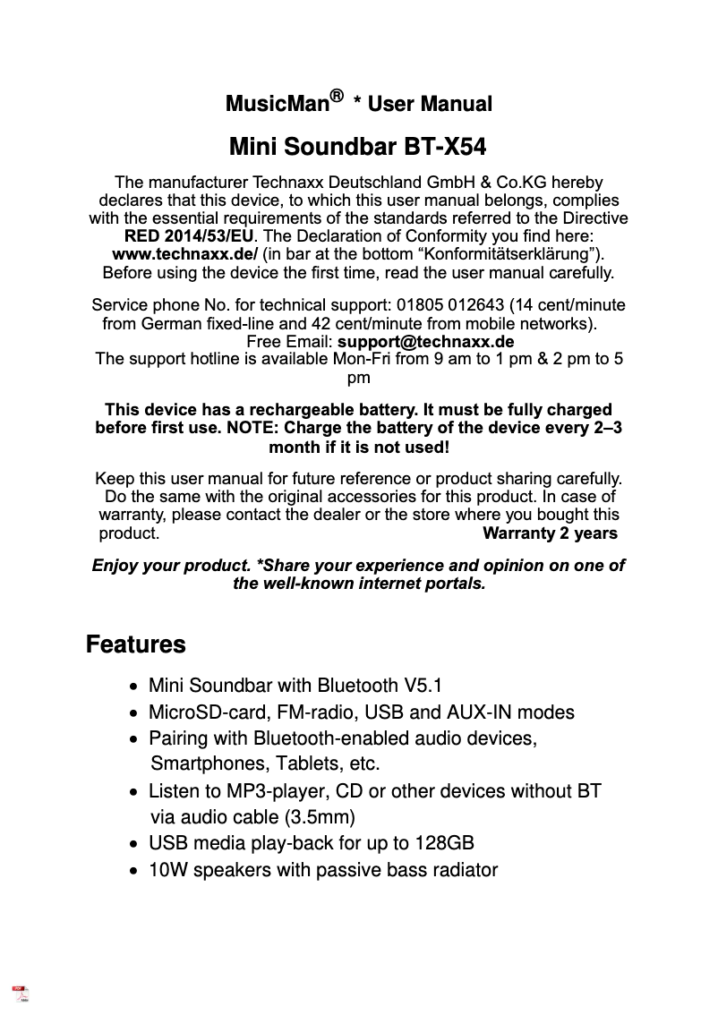 Page 1 de la notice Manuel utilisateur Technaxx MusicMan BT-X54