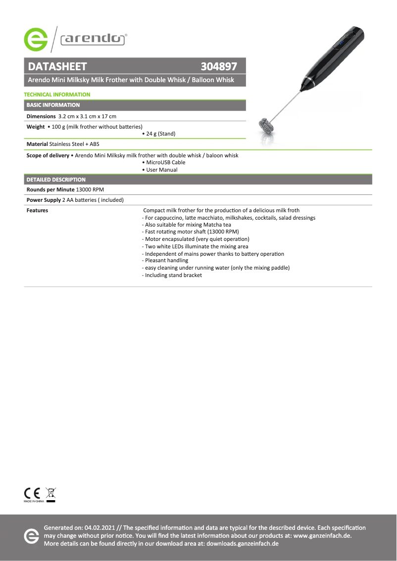 Page n°1 - Fiche technique Arendo Milkloud 304897