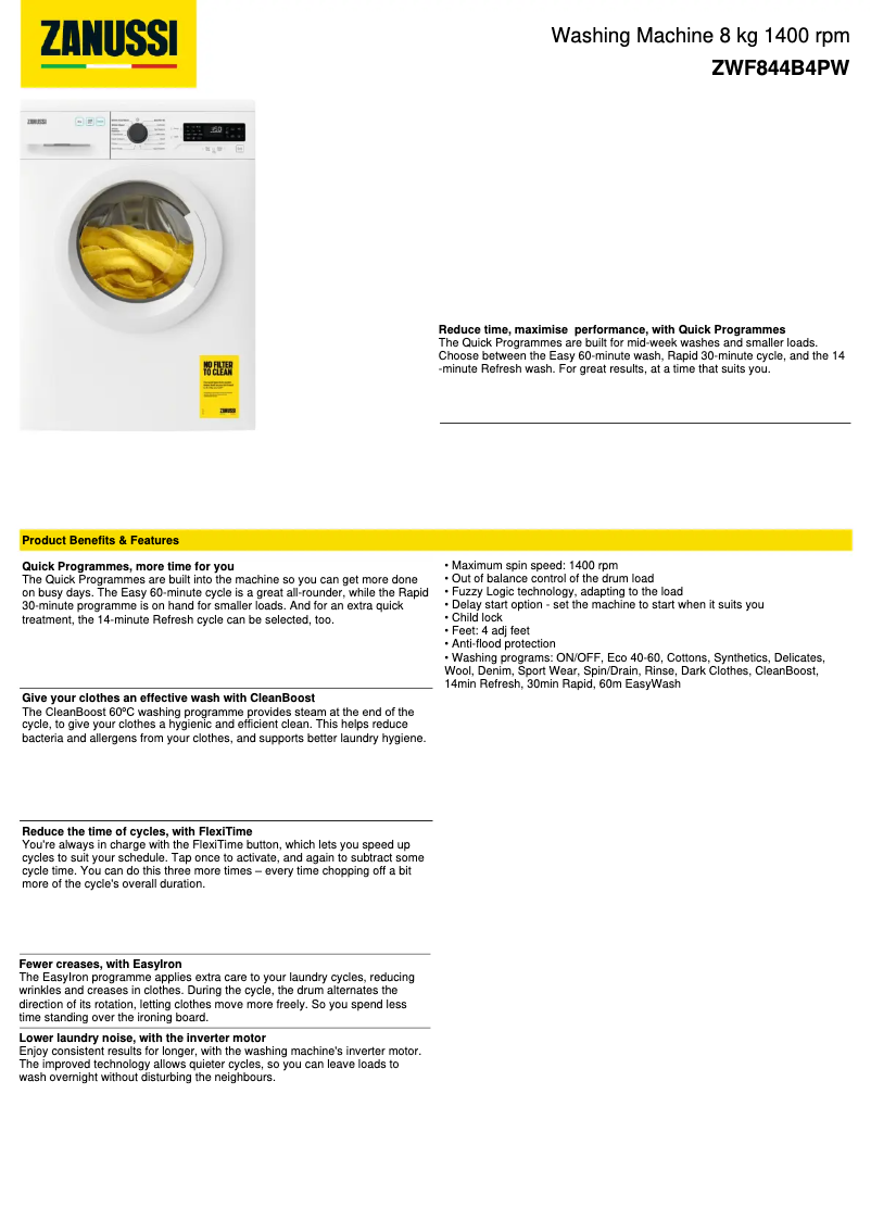 Image de la première page du manuel de l'appareil ZWF844B4PW