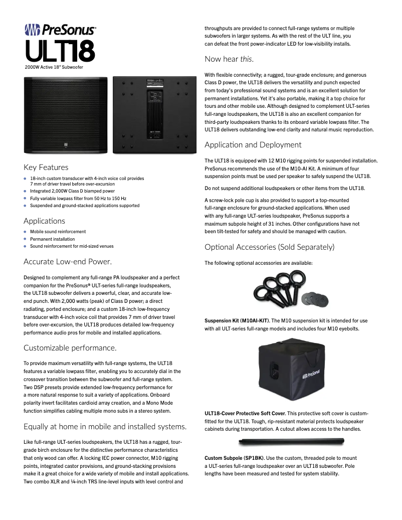 Page n°1 - Fiche technique PreSonus ULT18