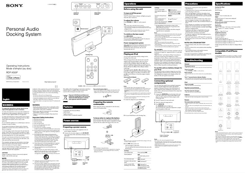 Page 1 de la notice Manuel utilisateur Sony RDP-X50IP