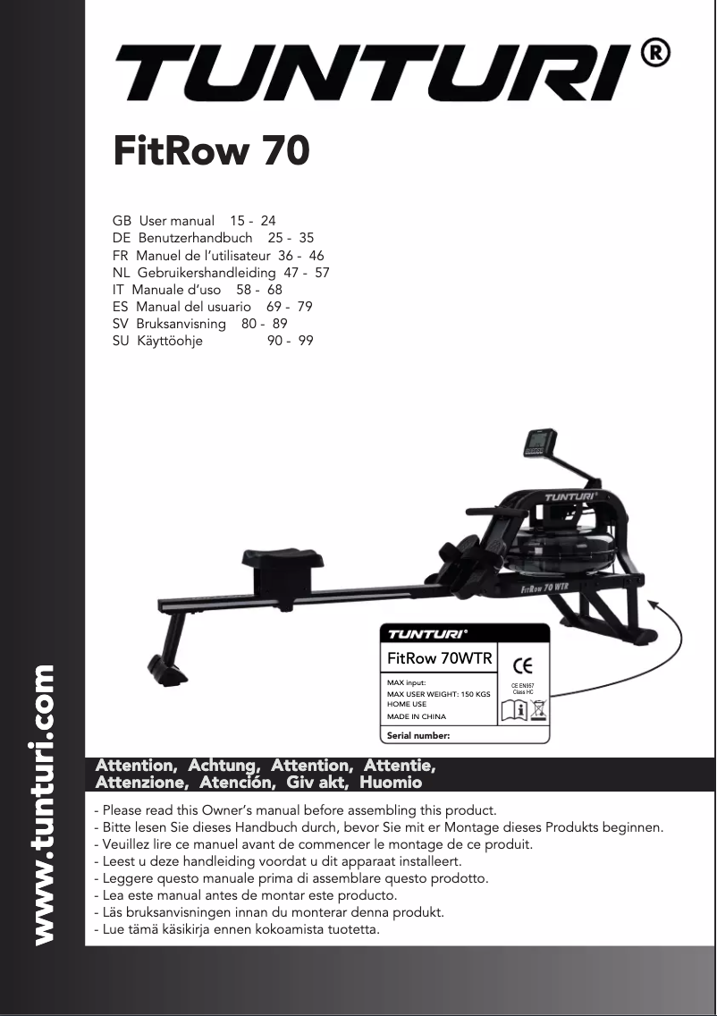 Page n°1 - Manuel utilisateur Tunturi FitRow 70 WTR