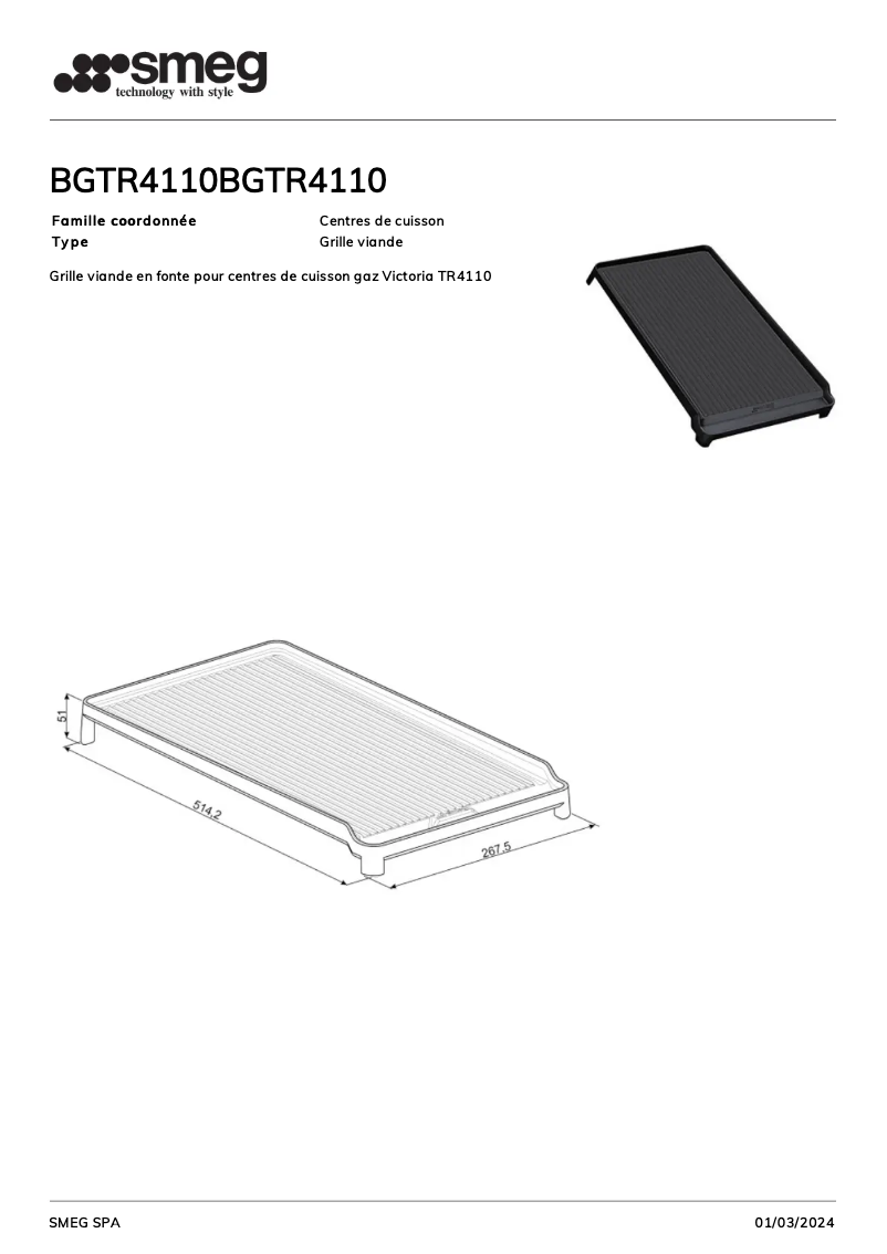Page 1 de la notice Fiche technique Smeg BGTR4110