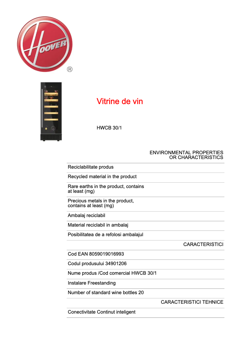 Page 1 de la notice Fiche technique Hoover HWCB 30/1
