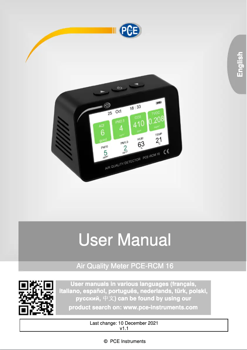 Page 1 de la notice Manuel utilisateur PCE Instruments PCE-RCM 16