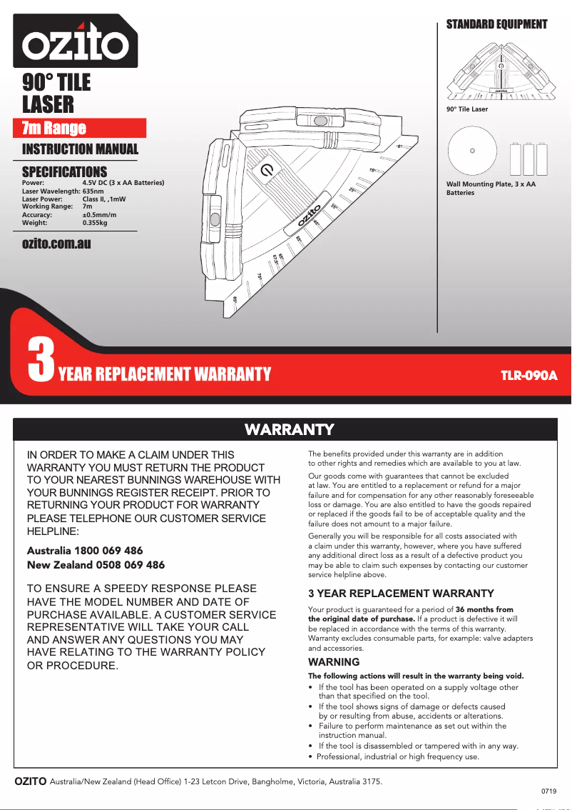 Page n°1 - Manuel utilisateur Ozito TLR-090A
