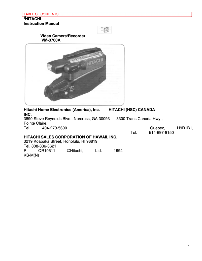 Página 1 del manual Manual de usuario Hitachi VM-3700A