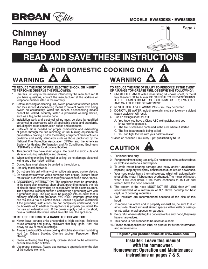 Page n°1 - Guide d'installation Broan EW5836SS