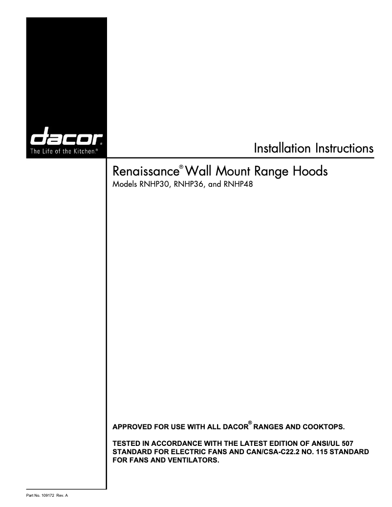 Page n°1 - Guide d'installation Dacor RNHP3612S