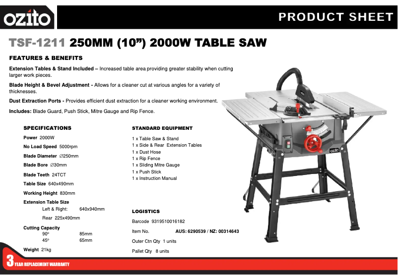 Página 1 del manual Ficha técnica Ozito TSF-1211