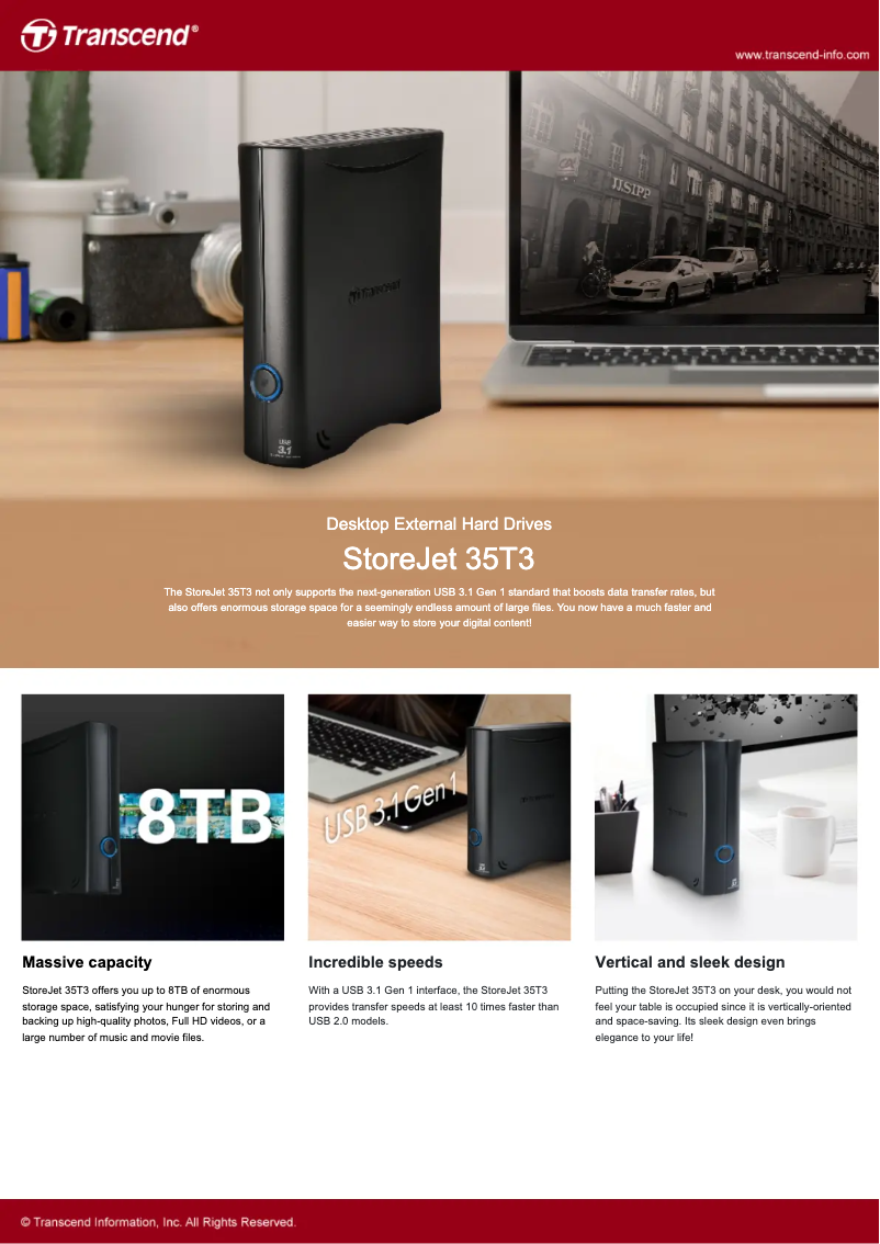 Page 1 de la notice Fiche technique Transcend StoreJet 35T3
