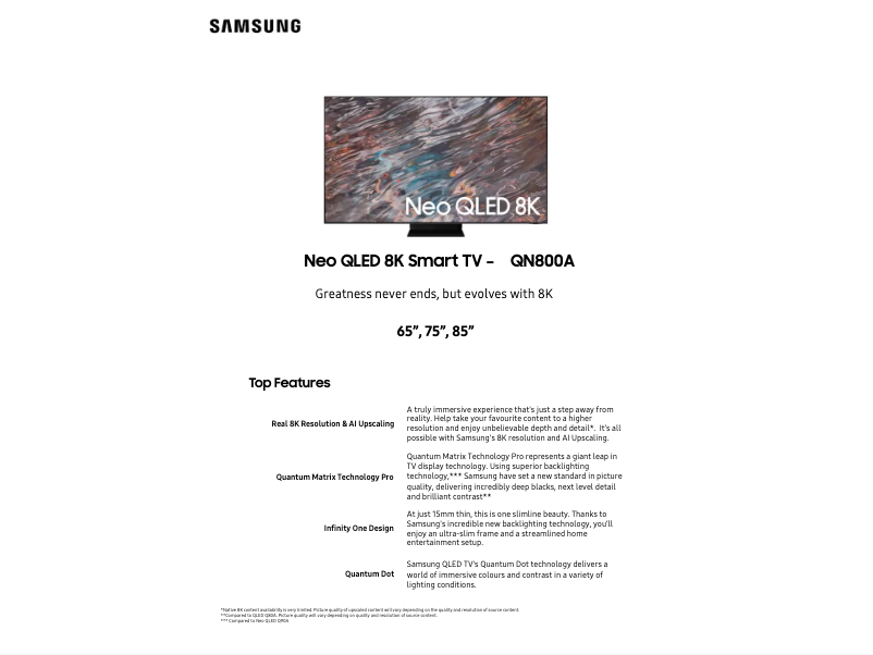 Page n°1 - Fiche technique Samsung QA65QN800AWXXY