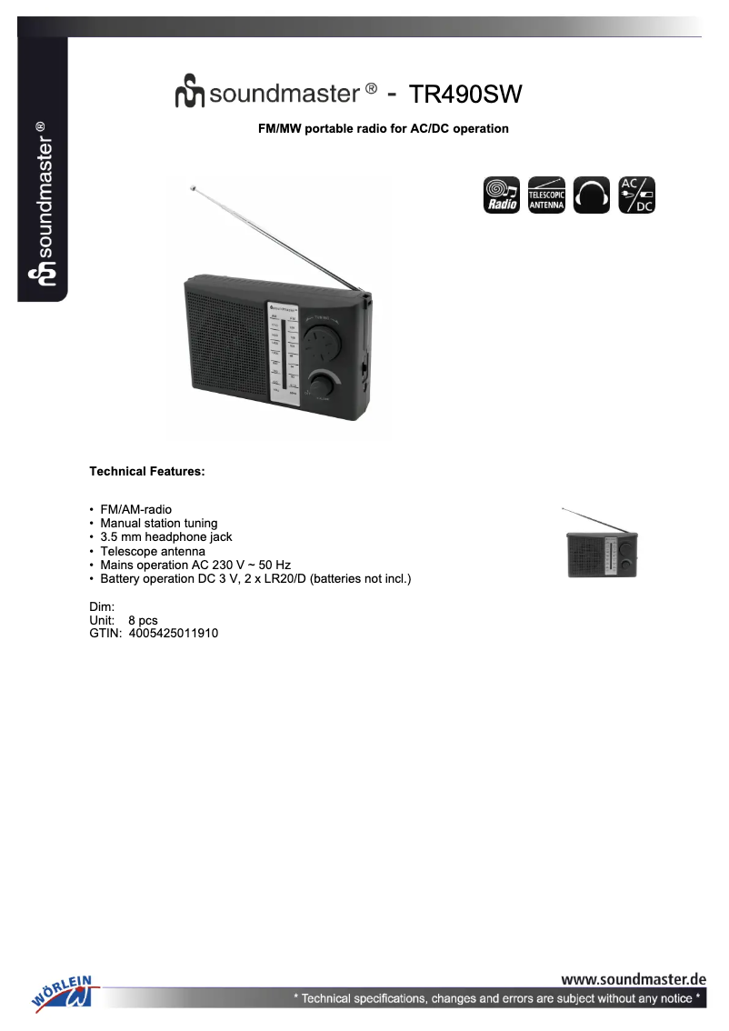 Page 1 de la notice Fiche technique Soundmaster TR490