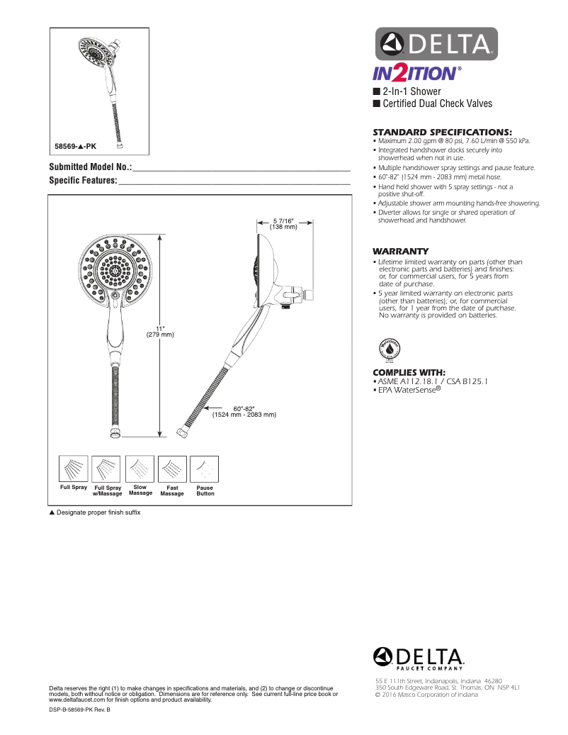 Page 1 de la notice Fiche technique Delta 58569-PK