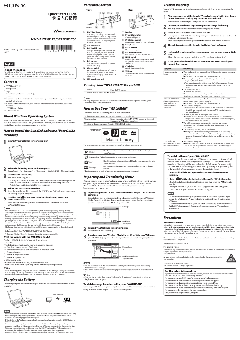 Página 1 del manual Manual de usuario Sony NWZ-B172F