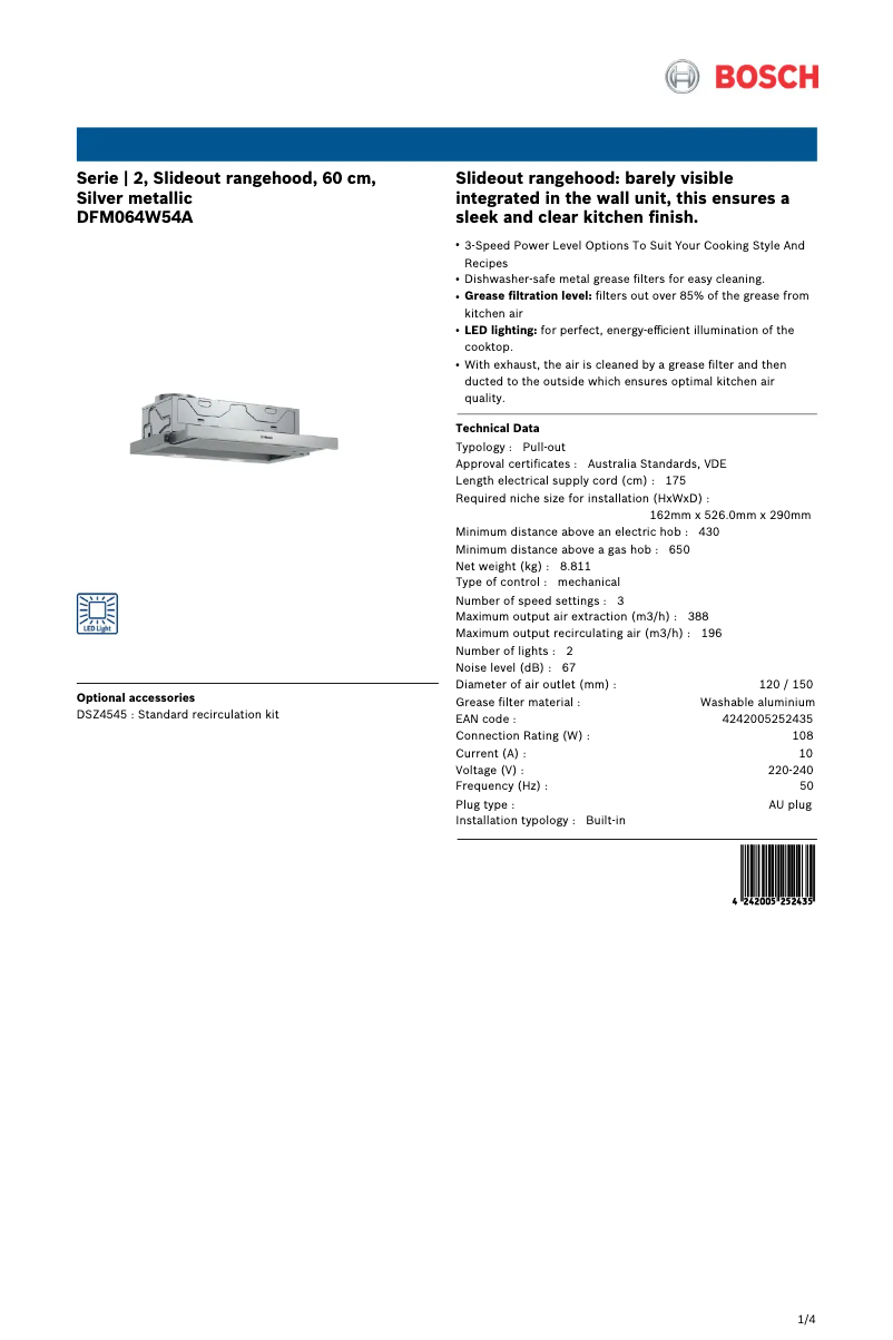 Page 1 de la notice Fiche technique Bosch DFM064W54A