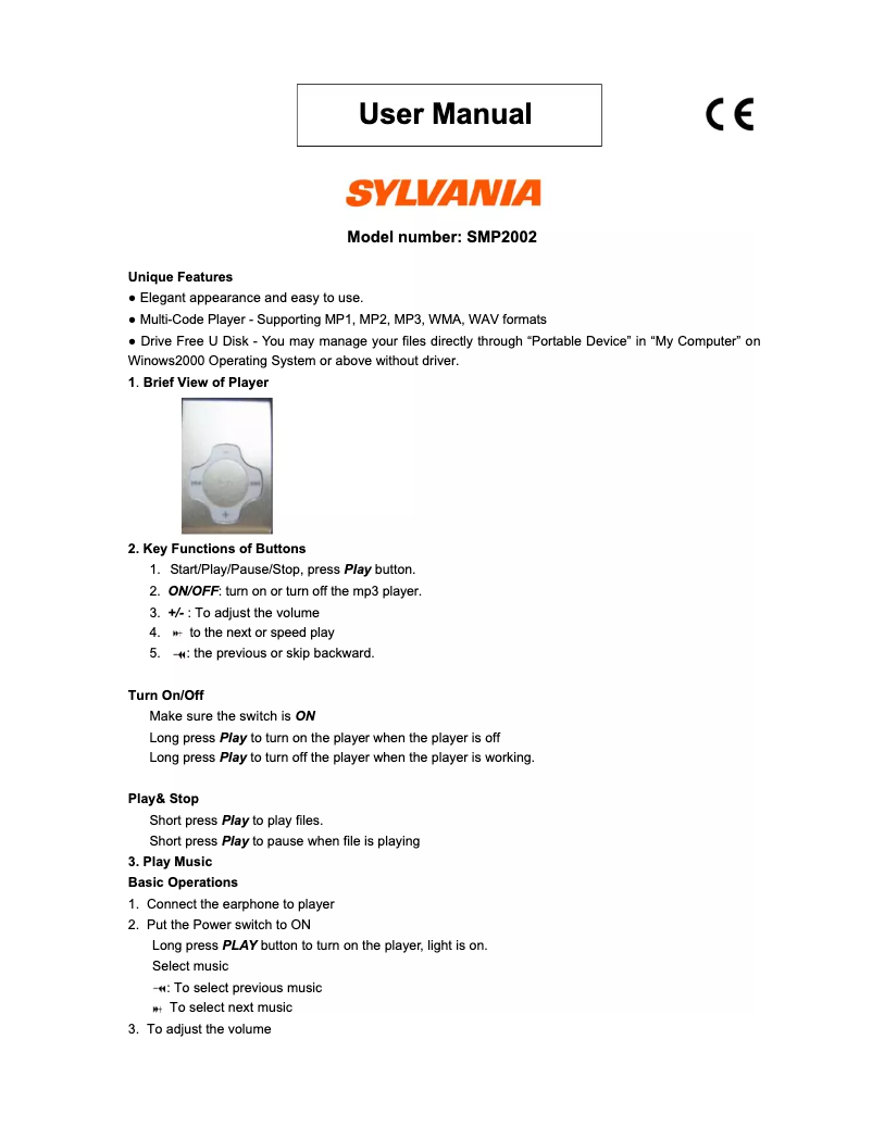 Page 1 de la notice Manuel utilisateur Sylvania SMP2002