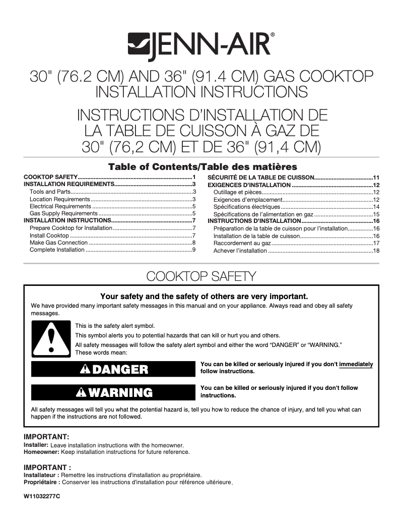 Page 1 de la notice Guide d'installation Jenn-Air JGC3530GS
