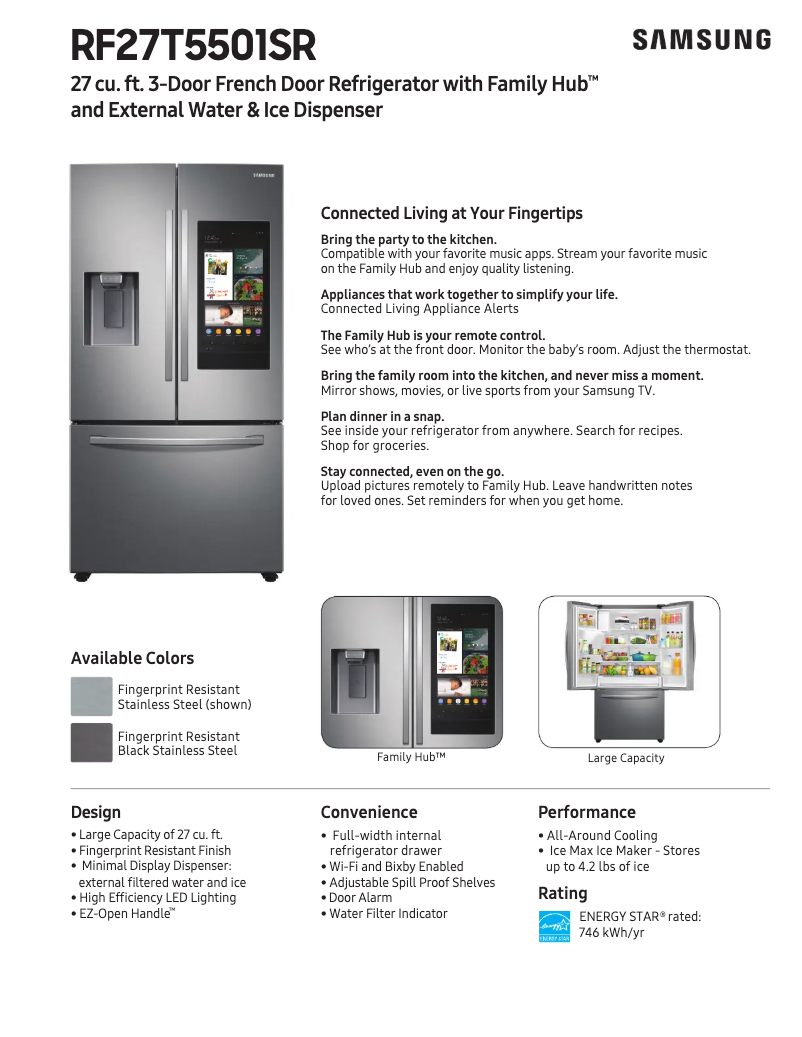 Page 1 de la notice Fiche technique Samsung RF27T5501SR/AA