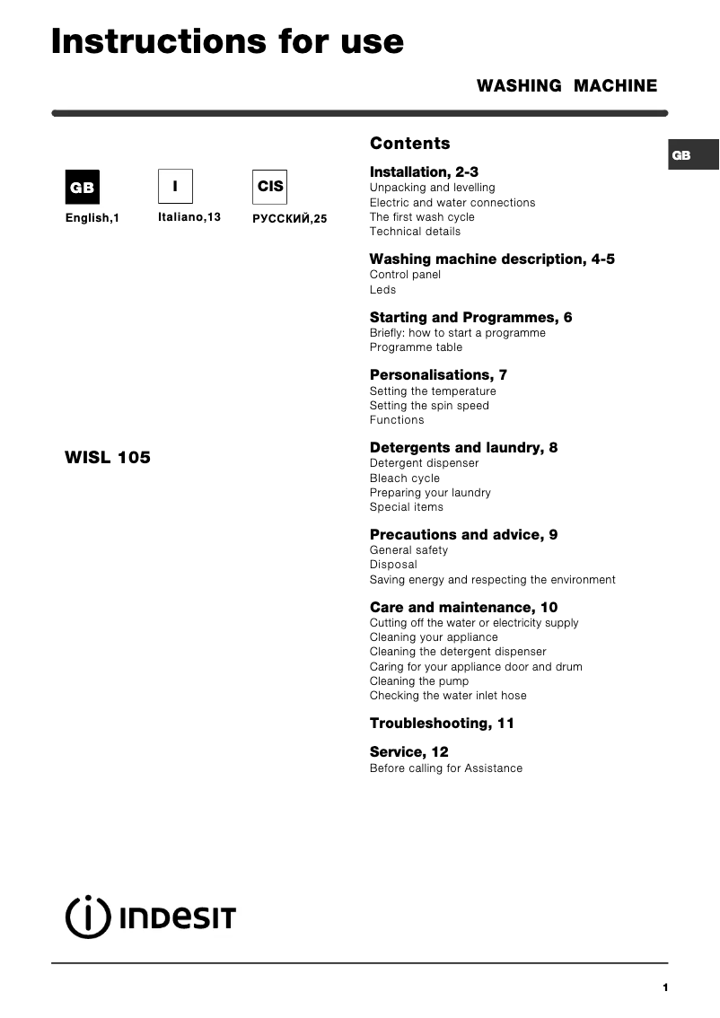 Image de la première page du manuel de l'appareil WISL 105 (EU).1