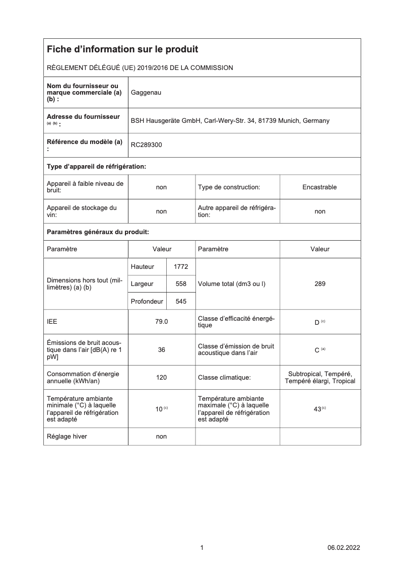 Page 1 de la notice Fiche technique Gaggenau RC289300