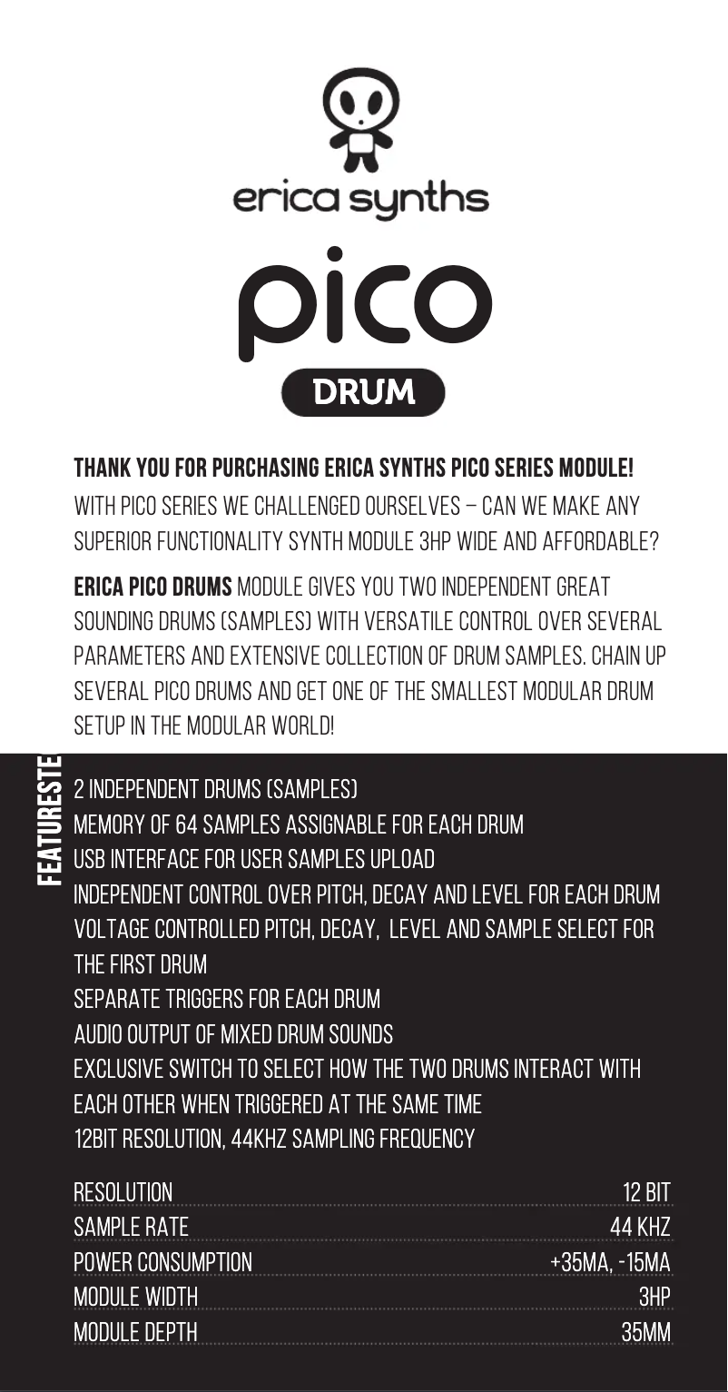 Page 1 de la notice Manuel utilisateur Erica Synths Pico Drums