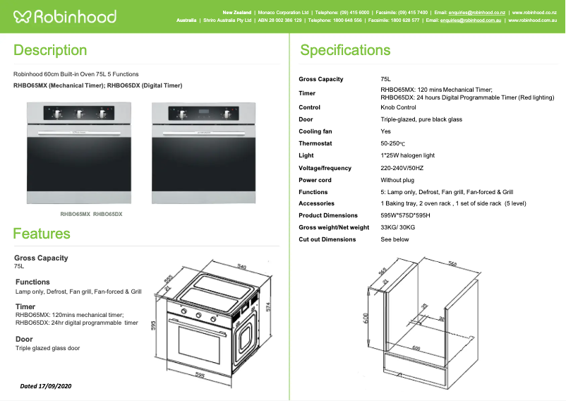 Page 1 de la notice Fiche technique Robinhood RHBO65DX