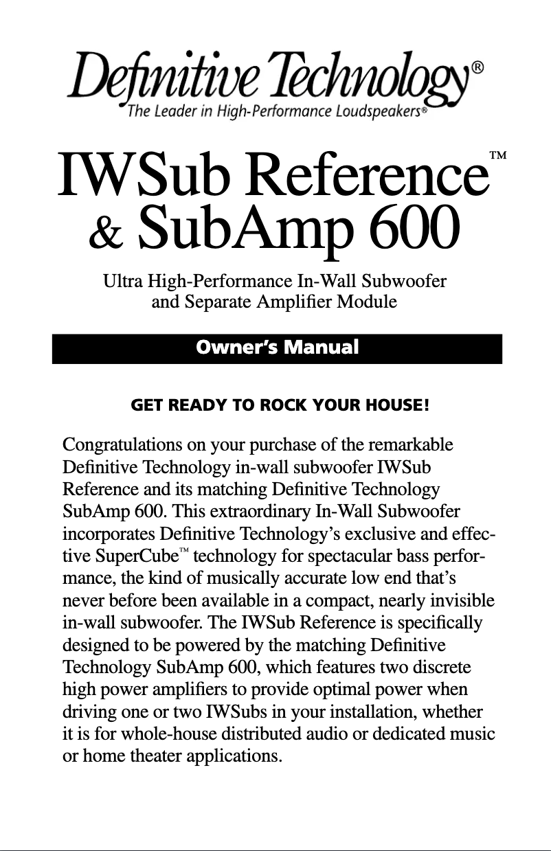 Page 1 de la notice Manuel utilisateur Definitive Technology SubAmp 600