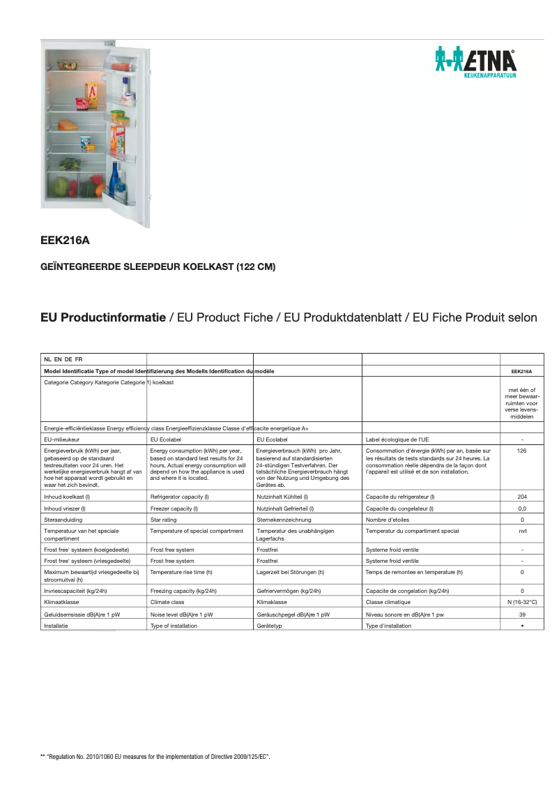 Page 1 de la notice Fiche technique Etna EEK216A
