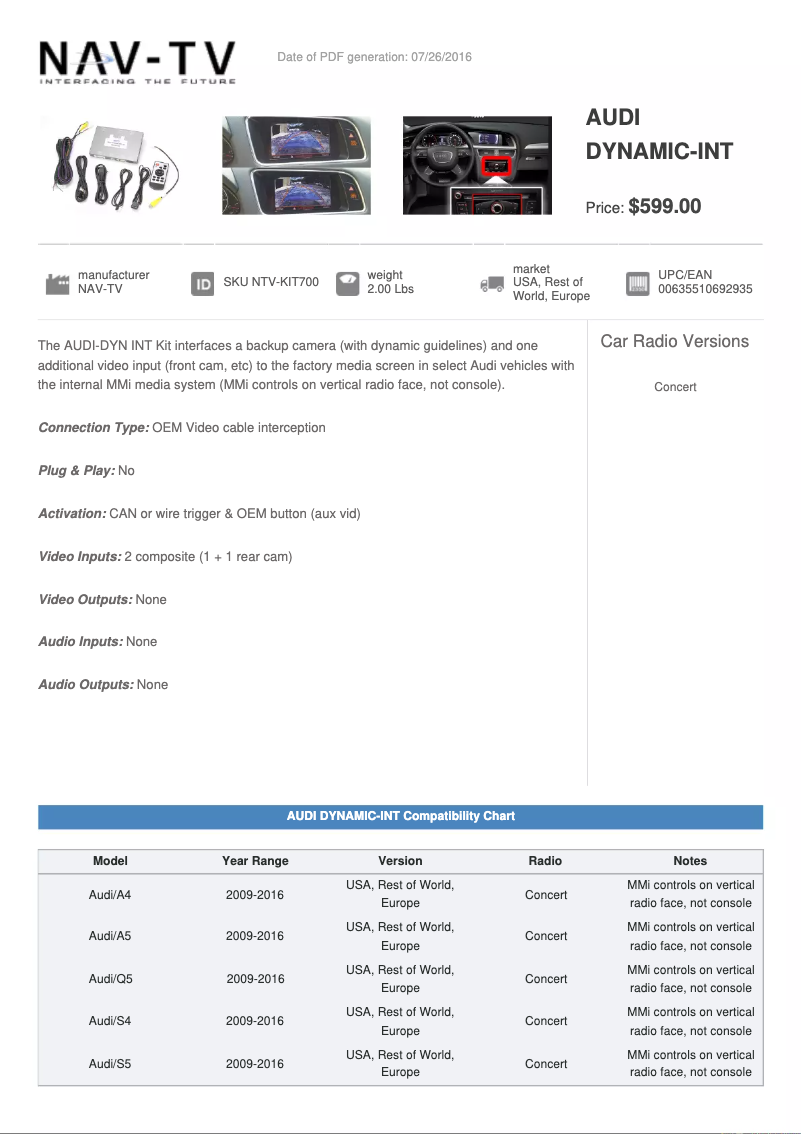 Page 1 de la notice Fiche technique NAV-TV NTV-KIT700