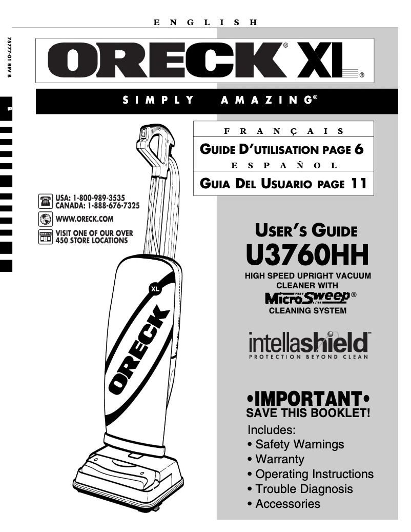 Page n°1 - Manuel utilisateur Oreck XL Deluxe 3760HH